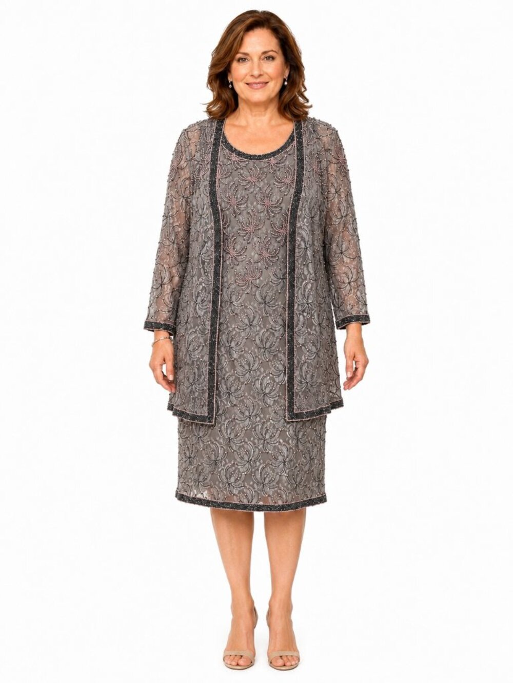 Scala Beaded Midi Dress Jacket Set L Gray Pink Mother of Bride Formal